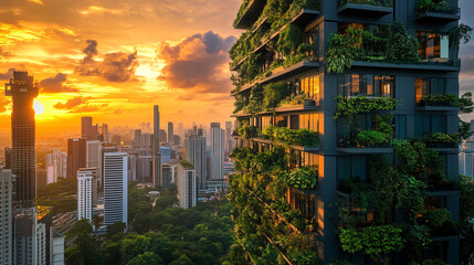 Obraz premium Green Skyscraper City Sunset Sustainable Urban Development