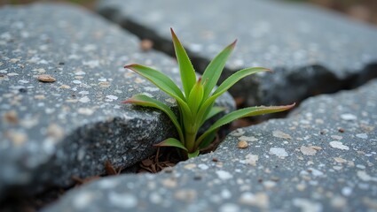 Fresh green sprout emerging from granite crevice mica flakes sparkle