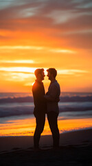 Fototapeta premium Silhouette of Two Men Sharing a Moment at Sunset