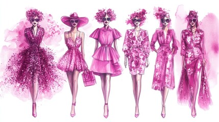 A watercolor illustration of five fashion models wearing pink dresses and accessories with pink watercolor backgrounds.