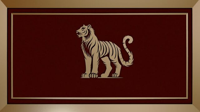 Chinese zodiac sign of a tiger at the center on a metal frame with red velvet background