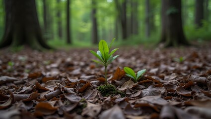 Vibrant green sprout emerging from cypress leaves in forest