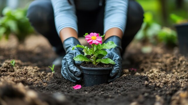 Gardener planting flowers in a public park, symbolizing the care and attention required in landscaping and environmental conservation