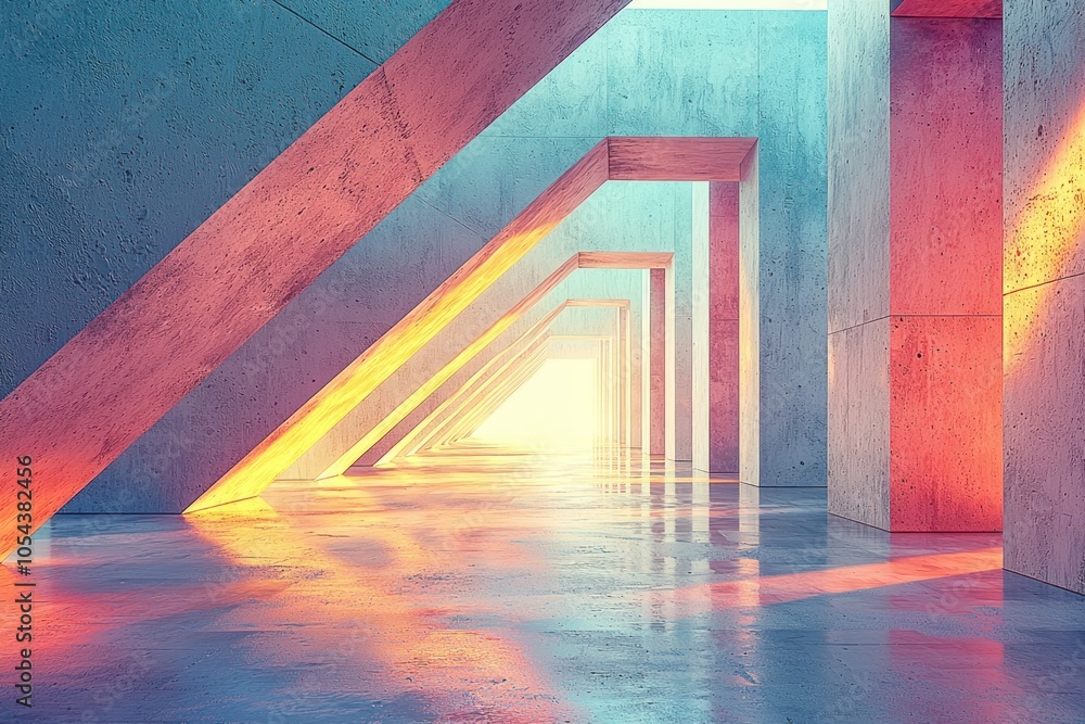 Poster abstract concrete corridor with geometric shapes and colorful lighting
