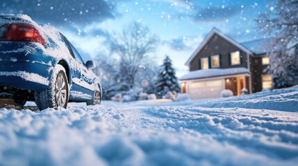 A blue car rests on a blanket of fresh snow next to a warm, inviting home adorned with soft lighting. Snowflakes drift down, enhancing the tranquil winter atmosphere
