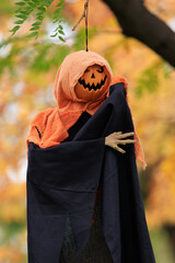 Various colorful Fall and Halloween yard and porch decorations