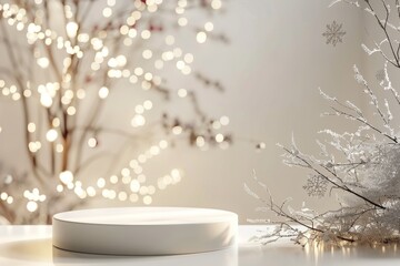 Softly glowing winter decorations with a round empty podium for product presentation and holiday lights in a cozy environment.