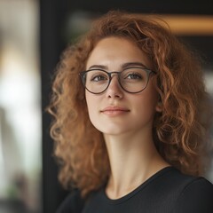 Obraz premium A confident woman with curly hair and glasses smiles warmly, embodying intelligence and self-assurance.