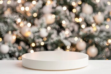 White round empty podium for product presentation in front of a beautifully decorated Christmas tree with blurred lights and decorations during the holiday season