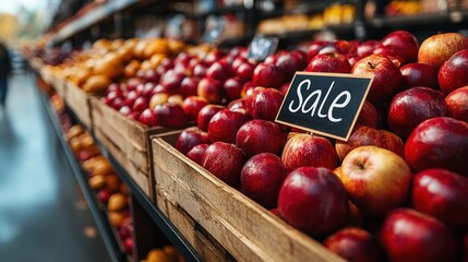 Vibrant, ripe apples fill wooden crates in a bustling market, with a noticeable sale sign enticing customers. The autumn atmosphere enhances the rich colors of the produce
