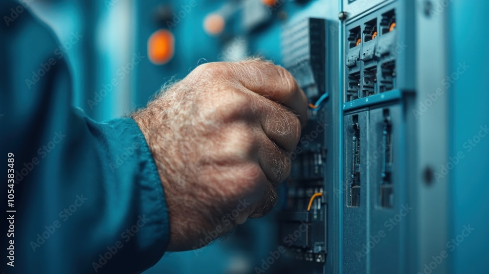 Poster electrician fixing wires in a control panel, representing the essential role of technical skills in 