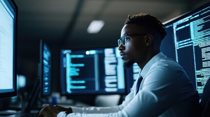 A dedicated programmer concentrates on several computer screens filled with code and data in a sleek office setting, illuminated by the glow of monitors as evening settles in