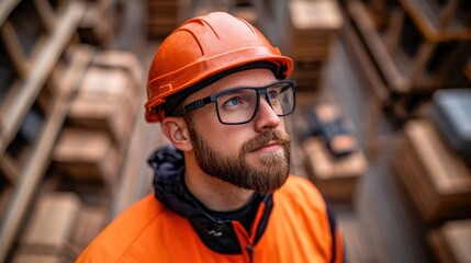 A construction worker wearing an orange helmet and glasses evaluates safety protocols while surrounded by wooden crates in a storage area. His focused demeanor reflects workplace diligence
