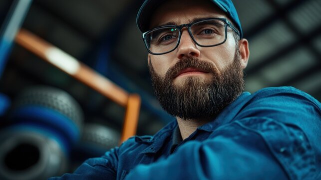A confident mechanic wearing glasses and a dark blue uniform stands in an automotive repair shop, with a backdrop of stacked tires and tools, showcasing his expertise and focus on his work