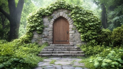 A rustic stone doorway covered in ivy stands at the entrance of a serene forest, framed by vibrant foliage and soft morning sunlight filtering through the trees