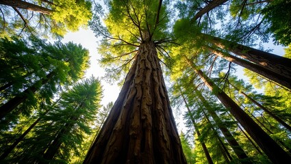 Majestic redwood tree sunlight filtering through dense canopy onto forest floor
