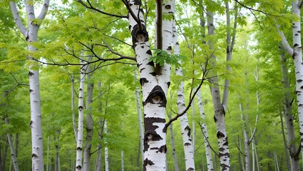Obraz premium Tall birch tree with peeling white bark and black stripes in a forest with green leaves
