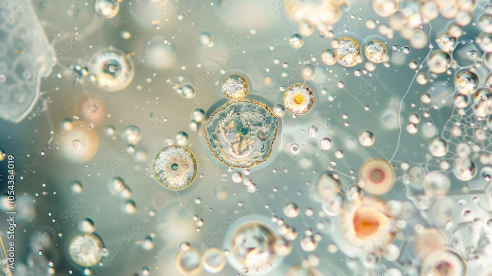 Poster microscopic image of a water sample showing a variety of microorganisms, creating a captivating glim