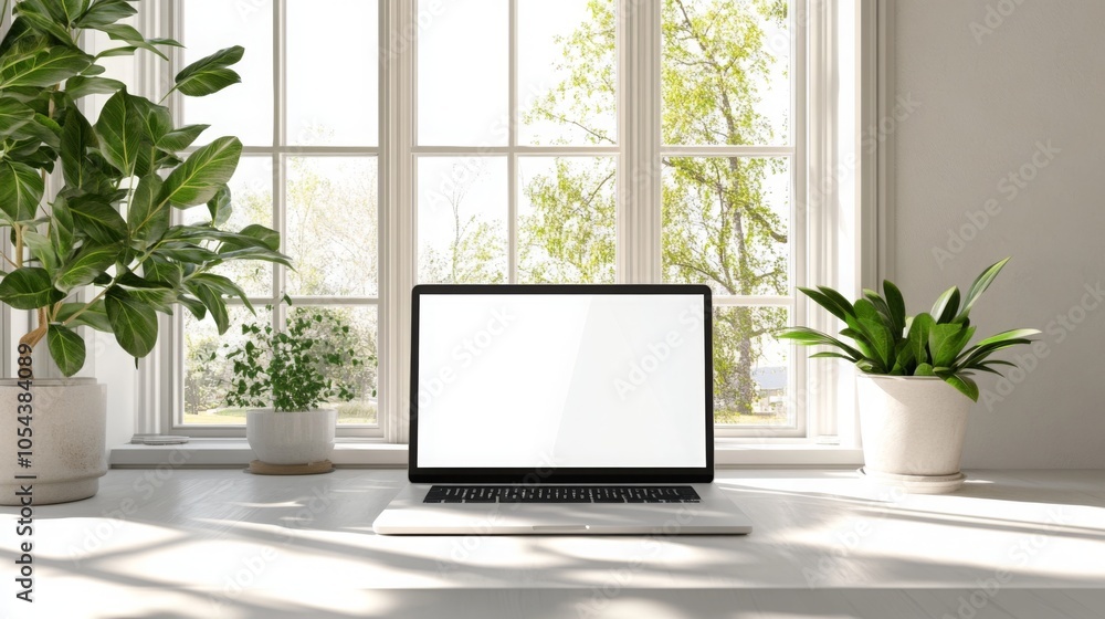 Poster the setting features a sleek laptop on a clean desk, illuminated by natural light streaming through 