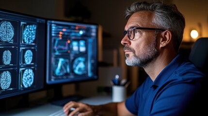 A medical expert focuses intently on brain imaging data displayed on two large screens, conducting research in a dimly lit laboratory environment at night