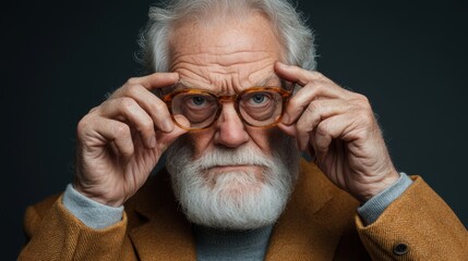 An elderly man with a white beard and glasses adjusts his eyewear, presenting a thoughtful expression, set against a dark background