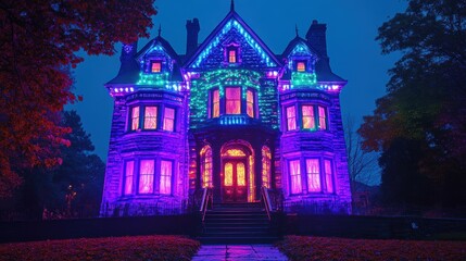 Haunted house lit up with eerie purple and green lights for Halloween, capturing the excitement of visiting spooky attractions