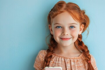 Smiling redhead girl with blue eyes and freckles