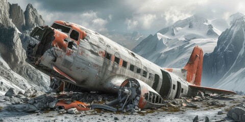 Plane crash, debris on the ground, Generative AI.