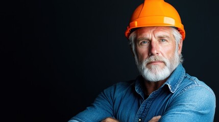 An older construction worker stands with arms crossed, showcasing his orange hard hat and denim shirt