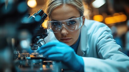 A dedicated scientist in a lab coat and safety goggles carefully analyzes a sample under a microscope in a well-equipped laboratory setting, showcasing precision and focus on research