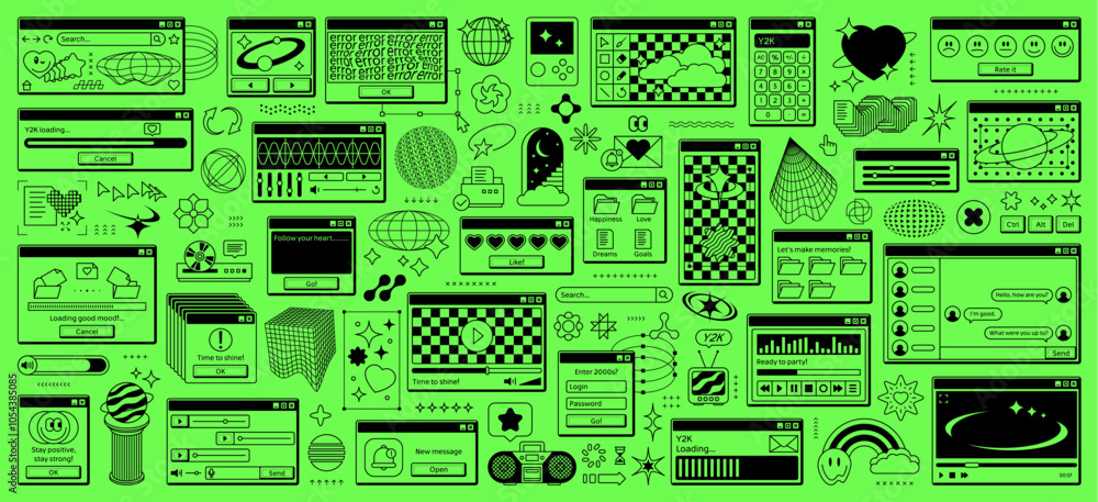 Poster Rave y2k computer window page interface, vector UI of retro desktop pc screen. Acid vaporwave icons, stickers, browser windows, software and app dialog boxes. Y2k aesthetic grid shapes and rave smiles