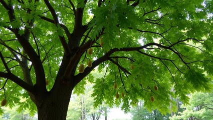 Majestic black walnut tree with thick trunk feathery leaves and green fruits
