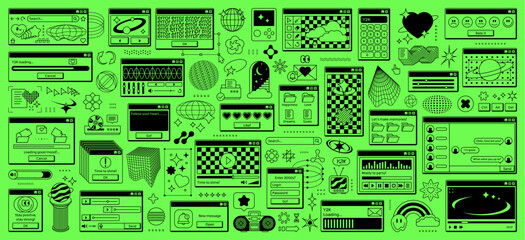 Rave y2k computer window page interface, vector UI of retro desktop pc screen. Acid vaporwave icons, stickers, browser windows, software and app dialog boxes. Y2k aesthetic grid shapes and rave smiles © Vector Tradition
