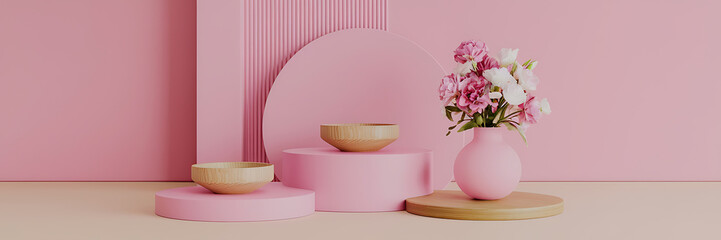Pink and wooden product display with flowers for spring and summer promotions   