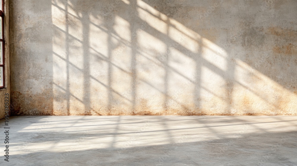 Poster soft light filters through expansive windows, creating beautiful patterns of shadows on the textured