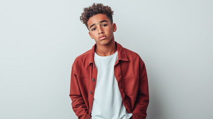 Obraz premium Confident young boy standing with hands in pockets, wearing a denim jacket and white t-shirt, posing against a neutral background with a calm expression.