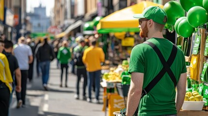 Obraz premium A young man in a green shirt and a green hat looks toward the street while standing at a market. He is surrounded by a large crowd of people.