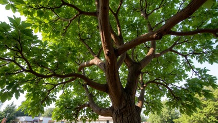 Lush fig tree with twisted trunk and wide canopy