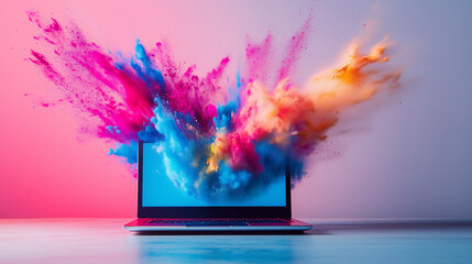 laptop screen erupts with vibrant clouds of multicolored smoke, symbolizing creativity, imagination, and the power of digital innovation and design.