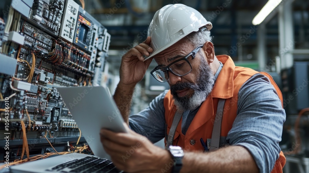 Poster worker experiencing frustration with outdated equipment, challenges of efficiency and communication 