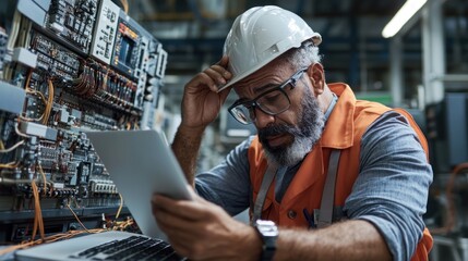 Worker experiencing frustration with outdated equipment, challenges of efficiency and communication in manufacturing