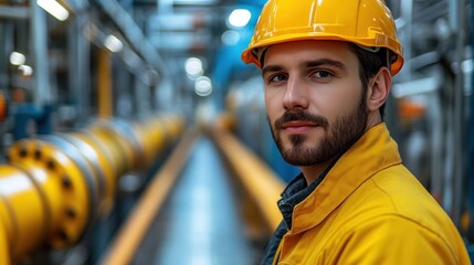 A young man in a bright yellow jacket and hard hat stands confidently in a busy factory, monitoring the production process amidst machinery and equipment