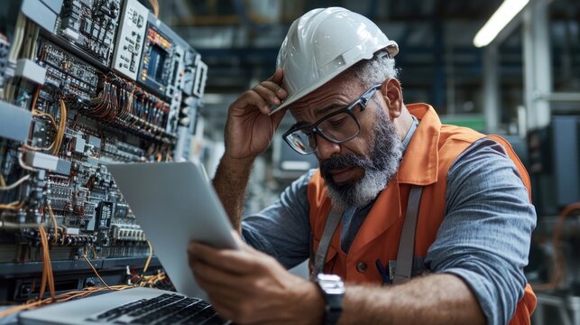 Worker experiencing frustration with outdated equipment, challenges of efficiency and communication in manufacturing