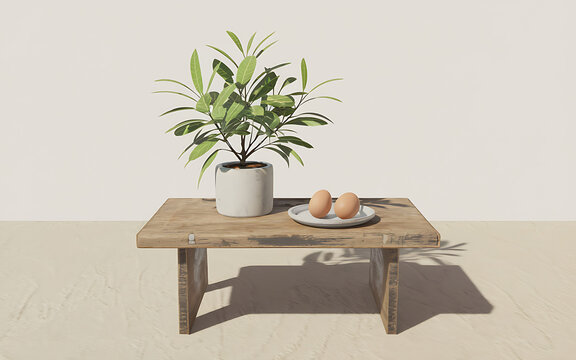 Minimalist green plant and brown eggs on rustic wooden table  simple and natural  evoking tranquility and serenity   
