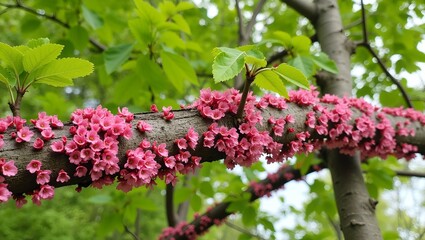 Fototapeta premium Vibrant pink blossoms on redbud tree branches in spring