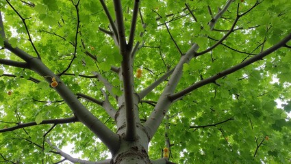 Obraz premium Linden tree with heart shaped leaves yellowish flowers smooth gray bark and dense canopy