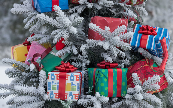 A snowy Christmas tree with colorful presents  red and green  celebrating the joy of giving   