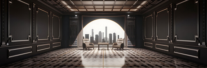 Black and brown luxury interior with city view  elegant and sophisticated  a feeling of success and exclusivity   