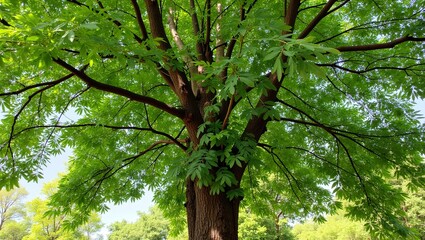 Fototapeta premium Lush neem tree with feathery leaves gnarled trunk and small fruits in a cool shaded canopy