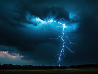 Thunderstorm, electric blue lightning strikes, dark smoke clouds, dramatic sky, intense energy